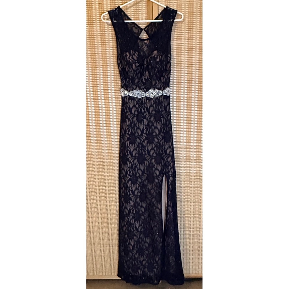 Navy‎ Blue Glitter Lace Evening Gown Rhinestone Belt Open Back Formal Dress